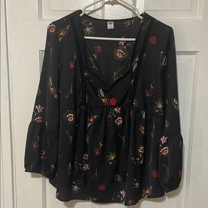Black Floral Long Sleeve Top Blouse